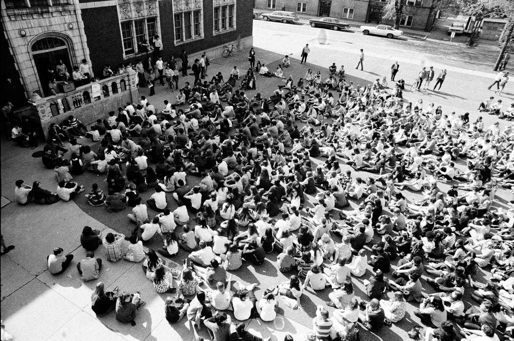#62 High school students join Northwestern University students in a rally during the student strike, following the Kent State University shootings, Evanston, May 8, 1970.