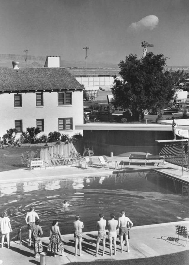 #5 Guests at the Last Frontier hotel in Las Vegas watch the mushroom from a detonation about 75 miles away. May 8, 1953.