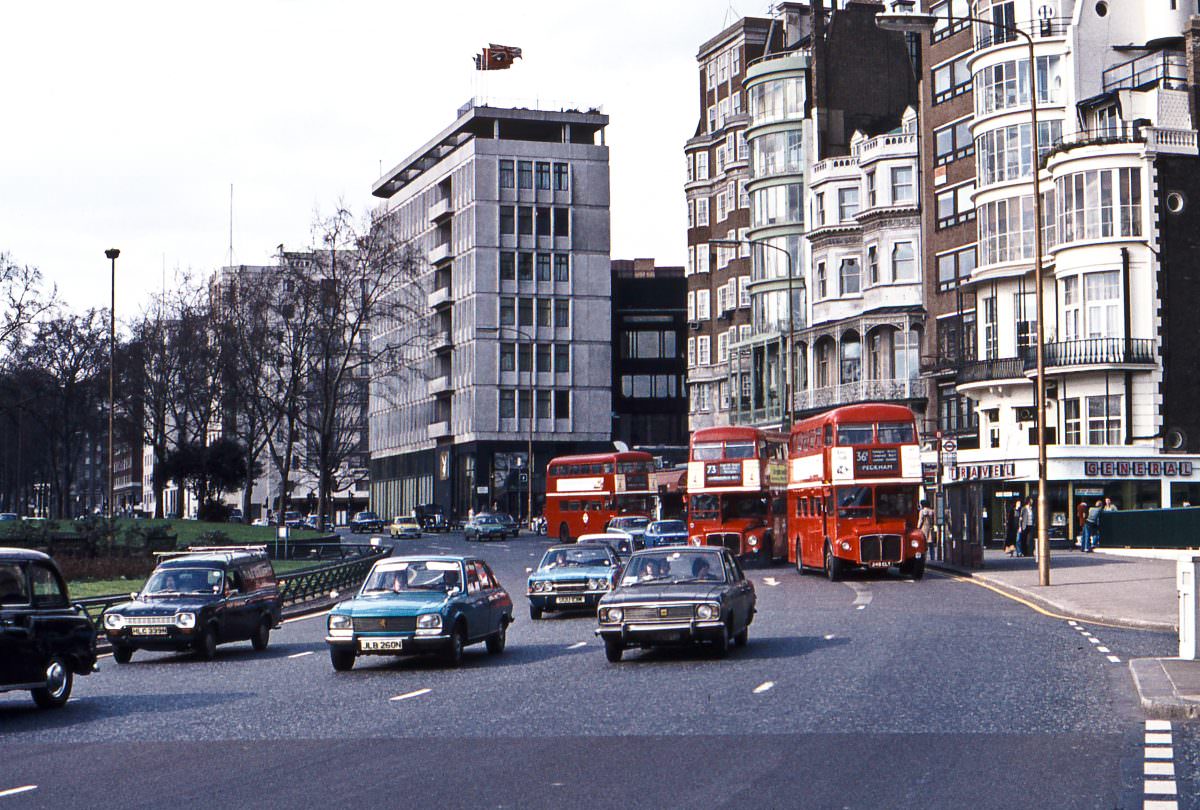 #19 Routemasters in Park Lane, April 1976