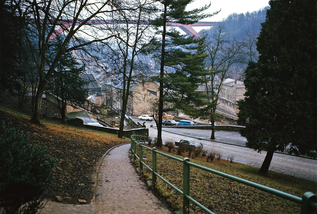 #38 The Old Quarters and the Grand Duchess Charlotte Bridge, Luxembourg City, Jan 1972.