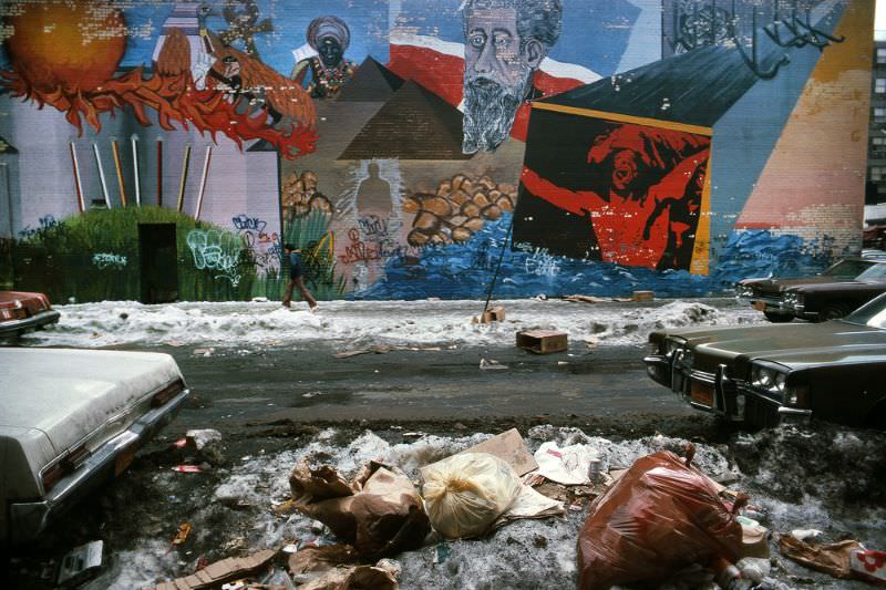 #35 Snowy street and paintings, Manhattan, 1978