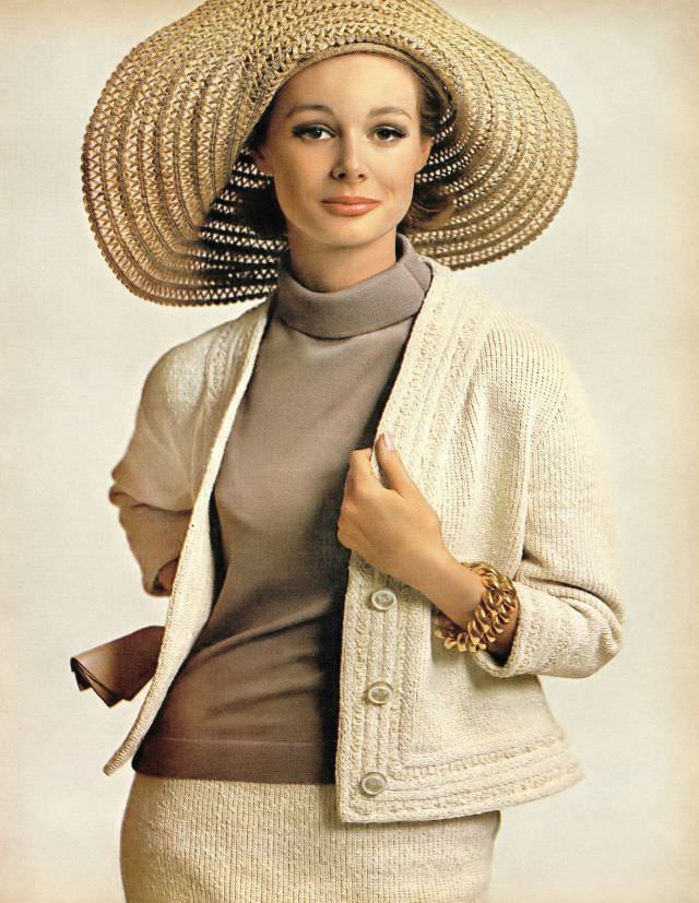 #24 Monique Chevalier in bleached-sand textured knit suit with turtle-neck shell, Harper’s Bazaar. April 1963