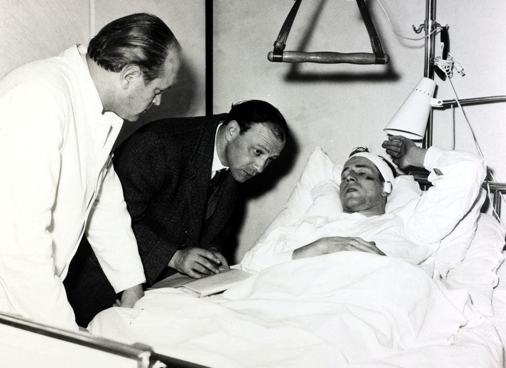 #25 Manchester United’s Bobby Charlton is interviewed at the Isar hospital in Munich. February 1958.