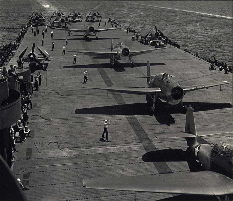 #21 Aircraft’s preparing for take off from U.S.S. Yorktown, 1943.