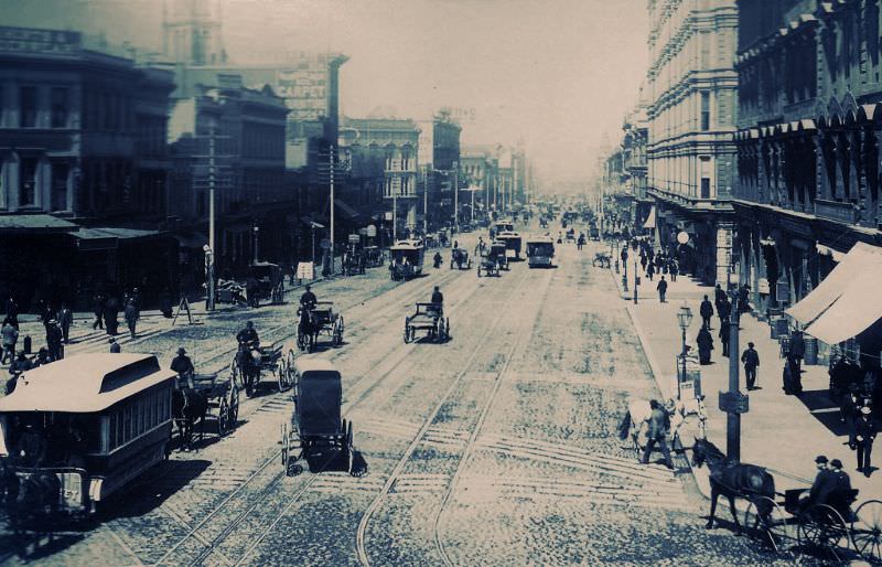 #56 Market Street at Third, looking east, Palace Hotel on the right, 1890s.