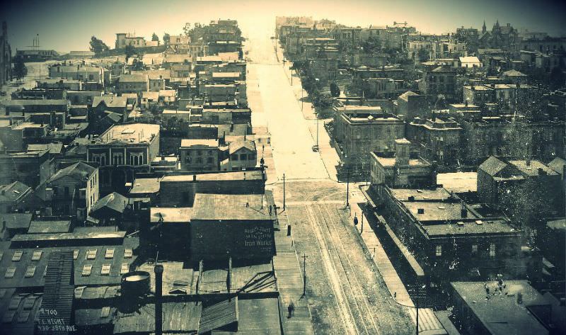 #8 Looking up First Street towards Rincon Hill, 1890s.