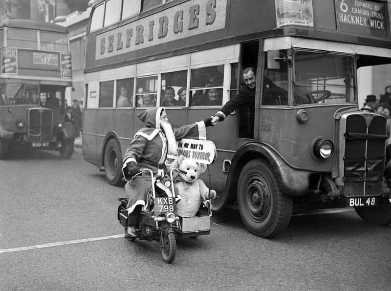 #16 A bus driver leans out of his cab to shake hands with Father Christmas passing by on his scooter.
