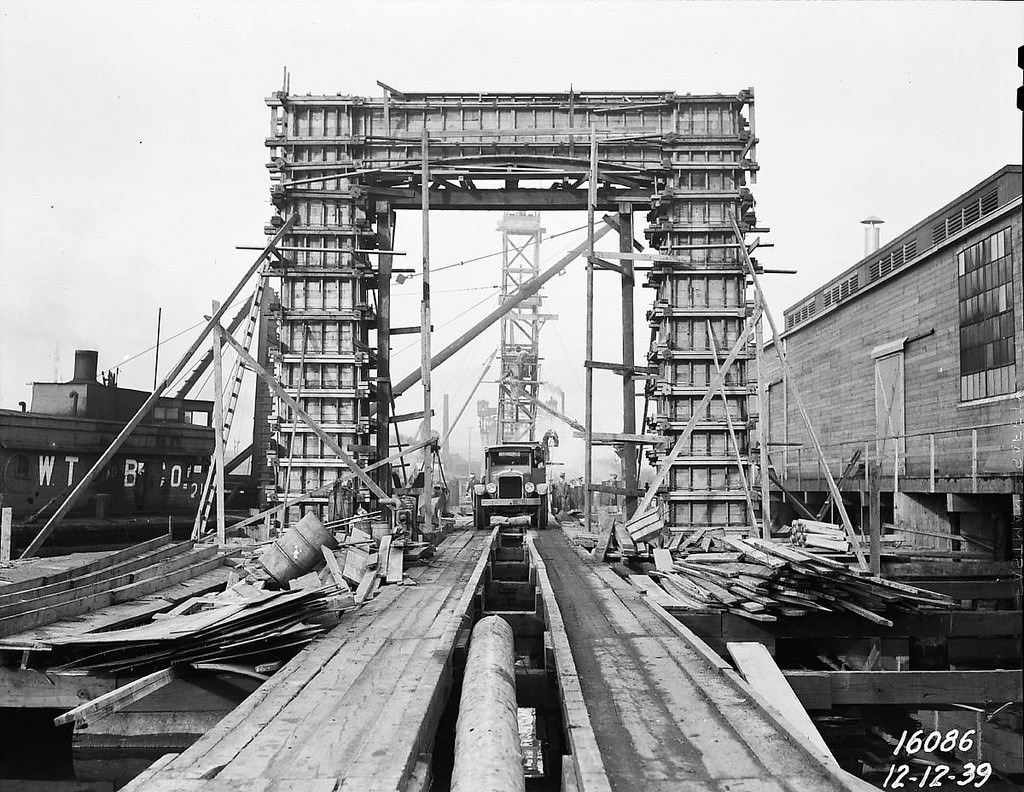 #24 Ballard Bridge south approach under construction, 1939