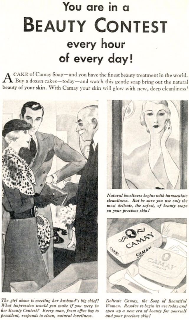 In this ad, a woman has to stay pretty and youthful to impress her husband’s boss.
