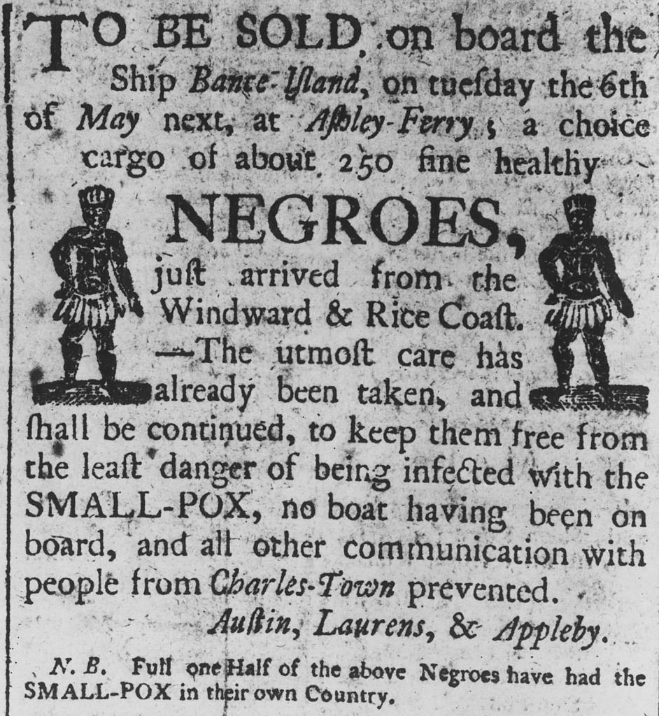A Boston advertisement for a cargo of about 250 ‘fine healthy negroes’, recently arrived from Africa on the slave ship ‘Bante Island’.
