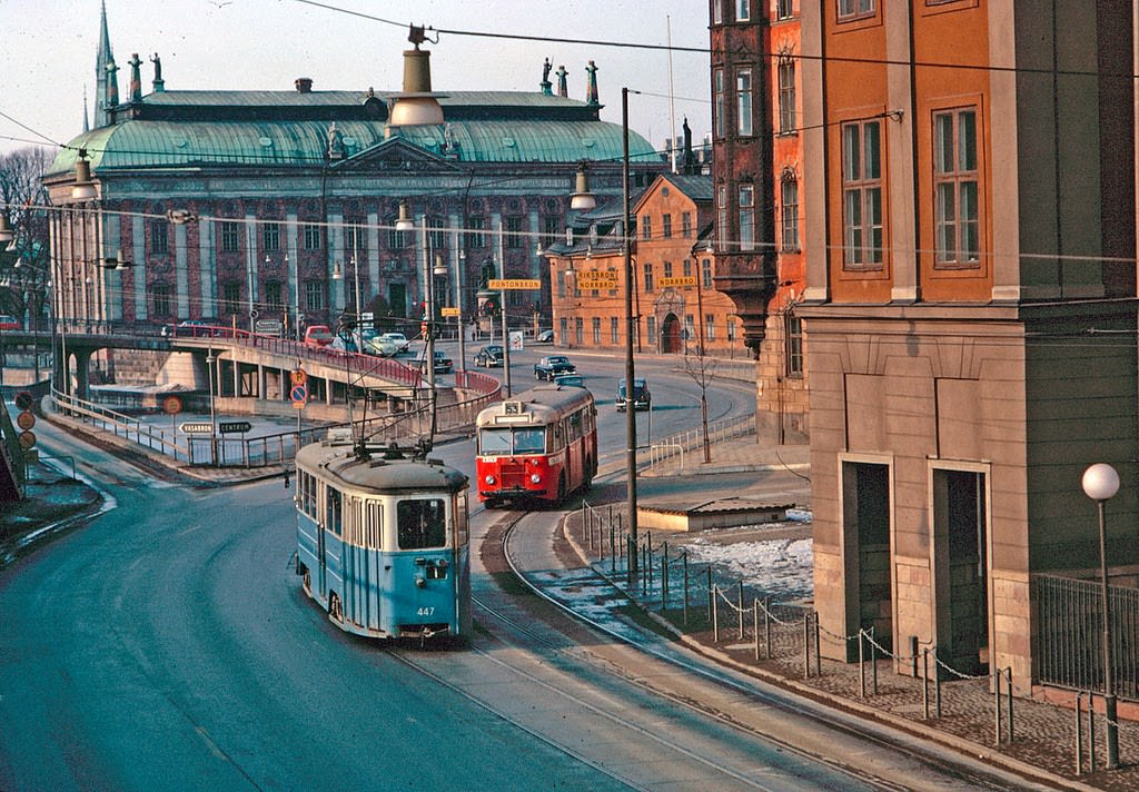#1 Bus and tram on Munkbron in Stockholm, 1964