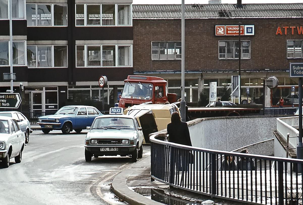 #15 Wolverhampton, March 1979 Overturned car at the Ring Road: Chapel Ash roundabout