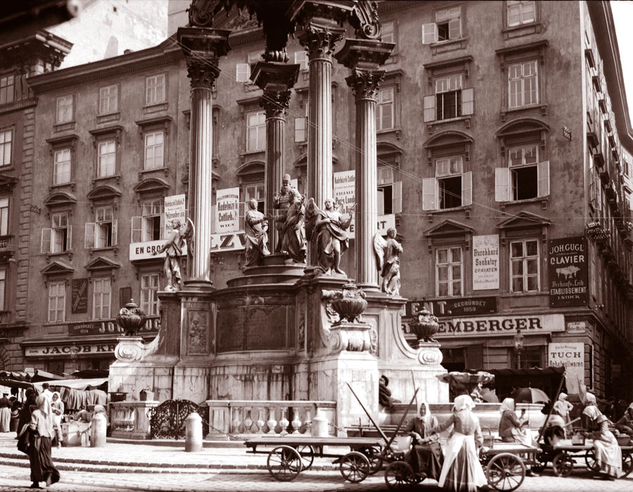 #72 Street Vendors below Josef’s Fountain, Vienna, 1900s.