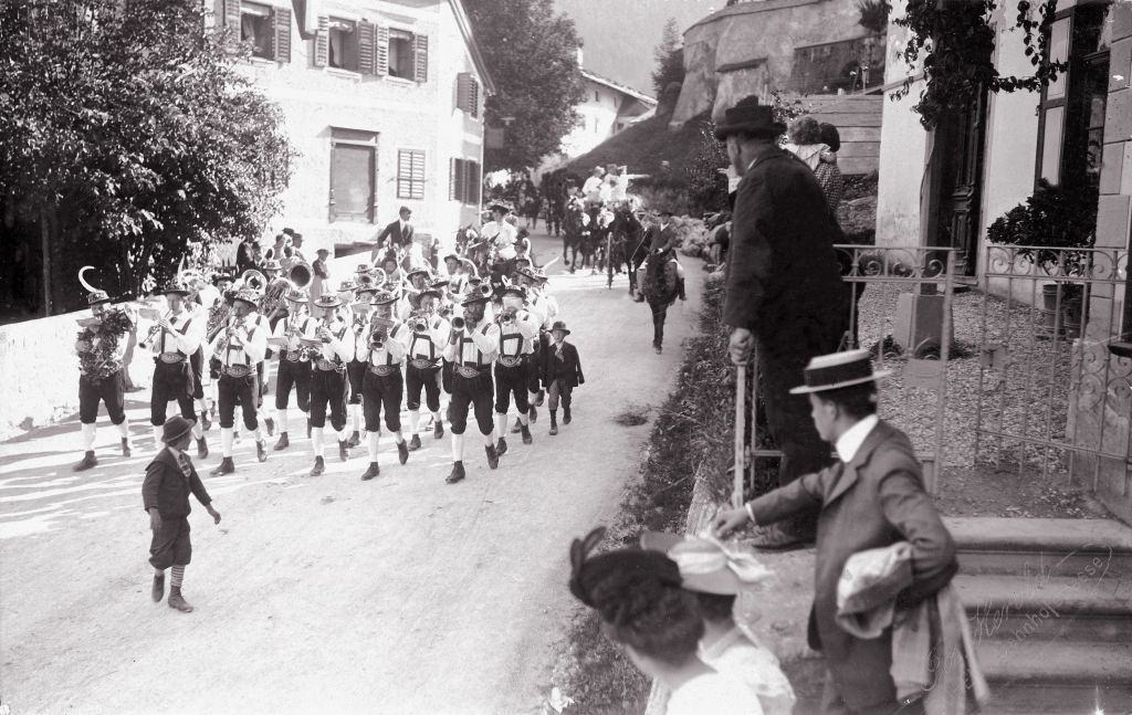 #58 Marching-band form Kitzbuehel, wearing traditional Tyrolian costumes in Austria, 1905.