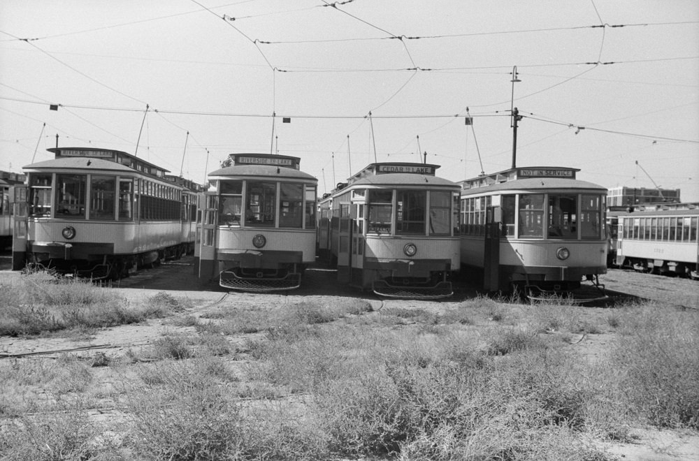 #54 Streetcars in car yard, Minneapolis, 1930s.