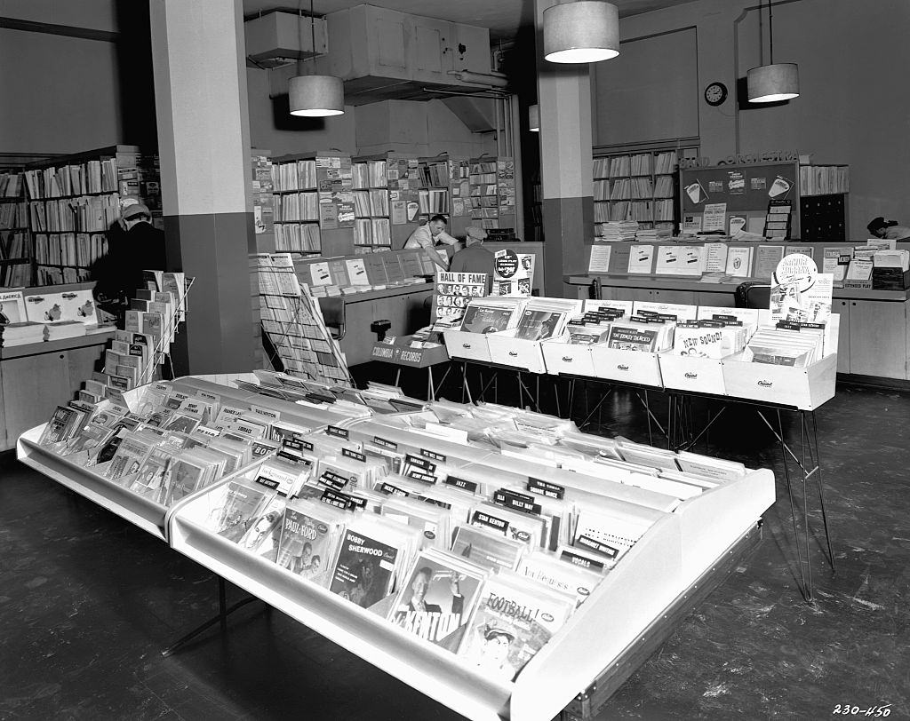 #94 78 and 33 rpm records fill the sales bins at a music store in Minneapolis, 1930.