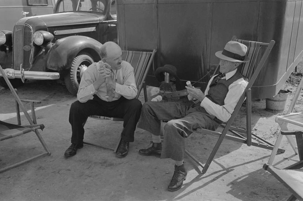#5 Tourists traveling in trailers talking in camp, McAllen, Texas, February 1939.