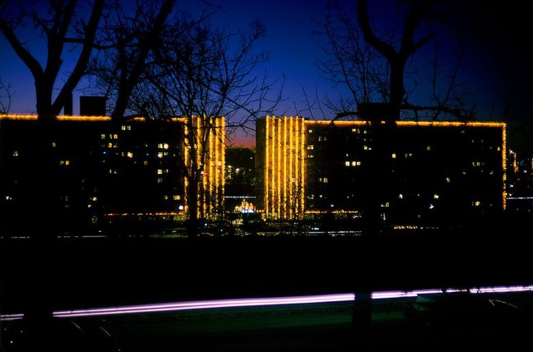 #3 Oak Street Apartments Christmas lights from the back of the dorm at UMKC, Kansas City, December 1964