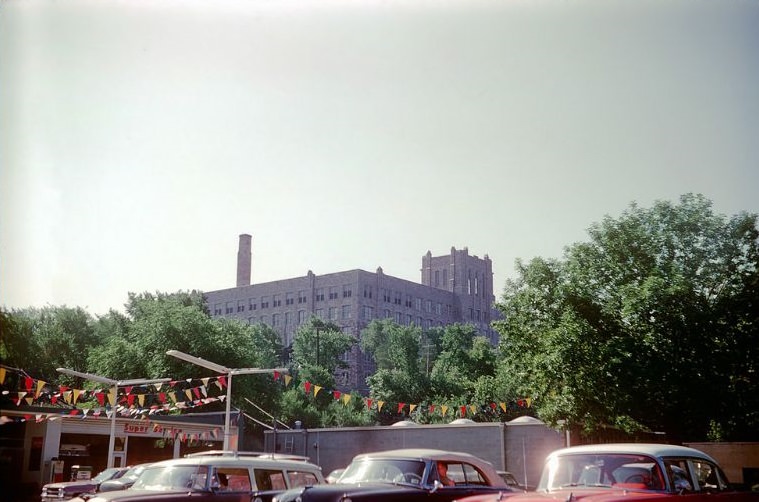 #9 Paseo High School from Volker Blvd and The Paseo, Kansas City, July 1961