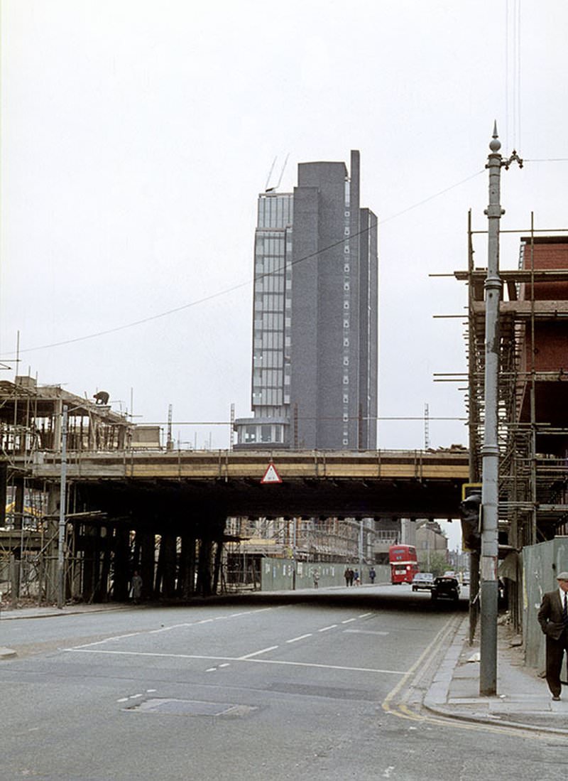 #74 Oxford Road from the junction with Booth Street during the construction of the University of Manchester’s Precinct Centre in 1969.