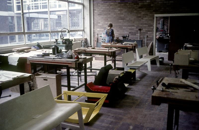 #63 A student working in a studio at the Regional College of Art, Manchester, around 1962.