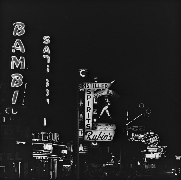#1 Nocturnal scene at Seventh Street and Avenida Revolución, 1964