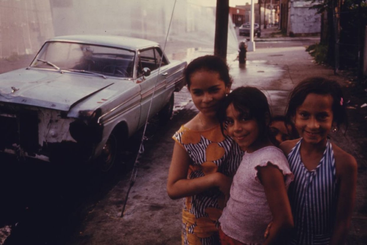 #41 Three young girls on Bond Street, Brooklyn, July 1974.
