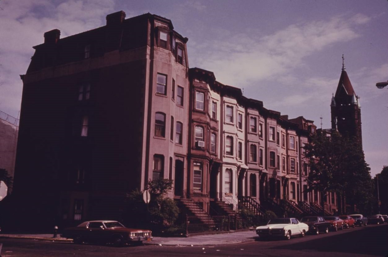#44 Block of brownstone residences in Park Slope of Brooklyn, June 1974.