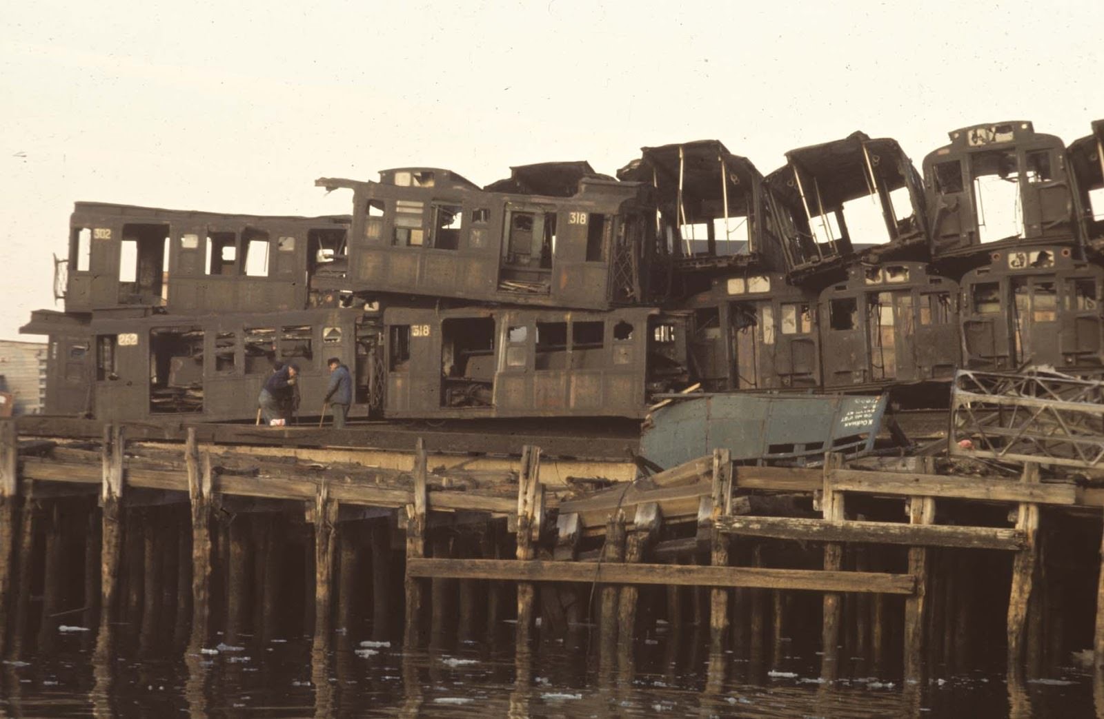 #7 Pier with old subway cars in South Brooklyn, 1970.