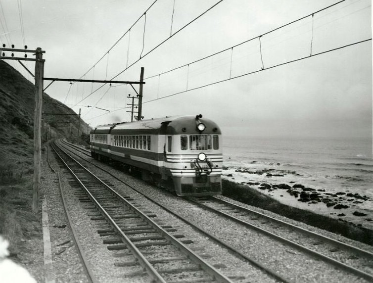 #50 North Island New Zealand Blue Streak Rail Car travelling north between Pukerua Bay and Paekakariki main trunk line to Auckland, July 1972
