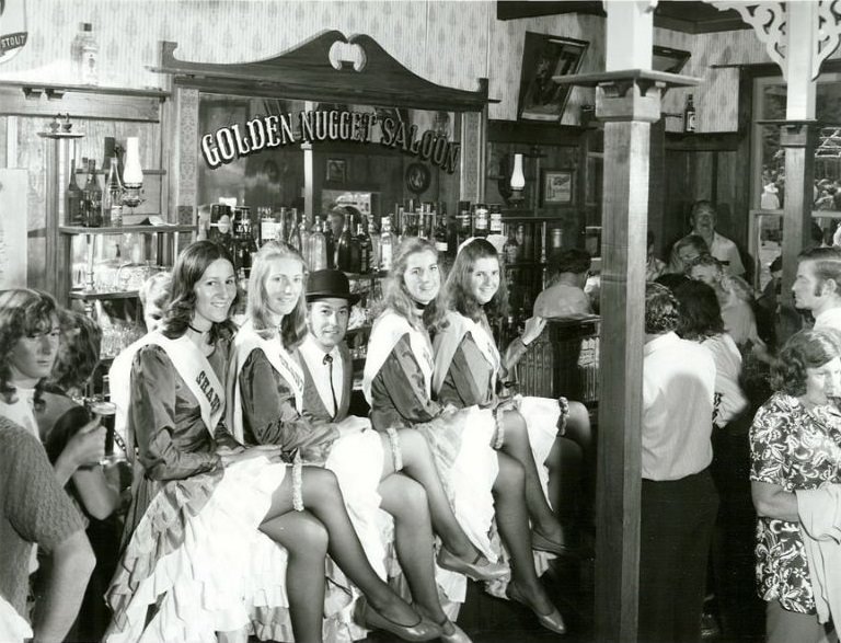 #30 The Can Can girls at the Bar inside the Gold Nugget Hotel on Gala Day, Shanty Town, Westland, January 1973