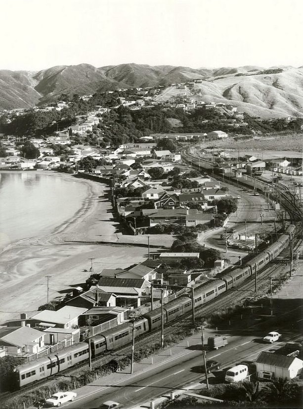 #59 Plimmerton with an electric unit travelling along the main trunk line, January 1975