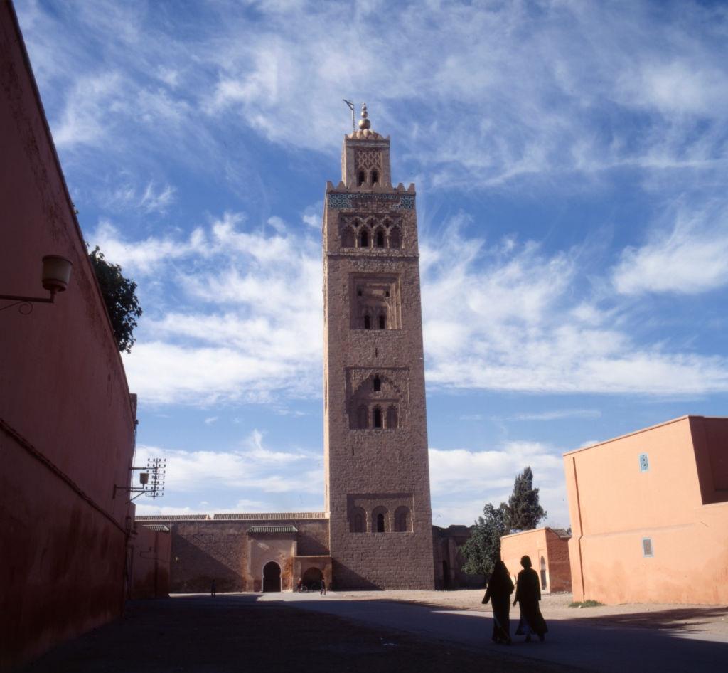 #15 View of a minaret of the Golden Apple Mosque (El Mansour) in Marrakech, 1980.