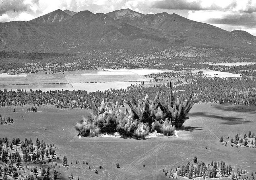 #2 Explosions send dirt into the sky during the construction of Cinder Lake Crater Field on July 27, 1968.