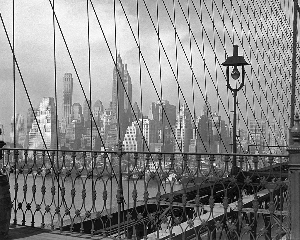 #1 Lower Manhattan from Brooklyn Bridge, 1950s.