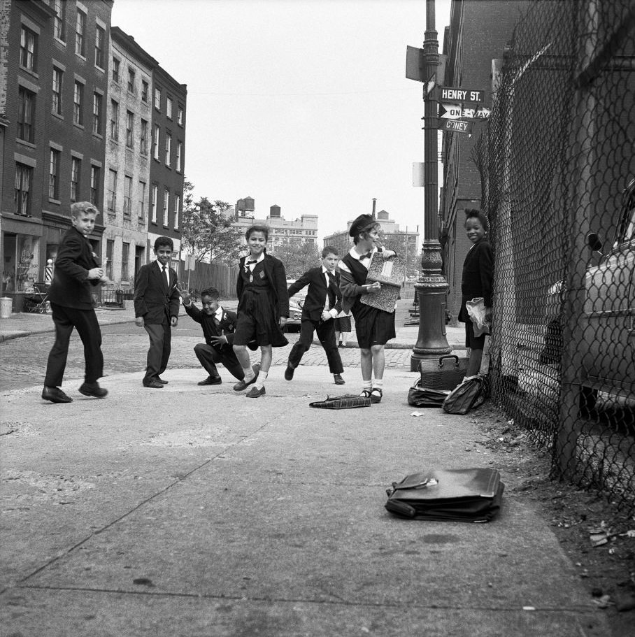#22 An ethnically diverse group of school children on Henry Street in Brooklyn Heights, March 1958.