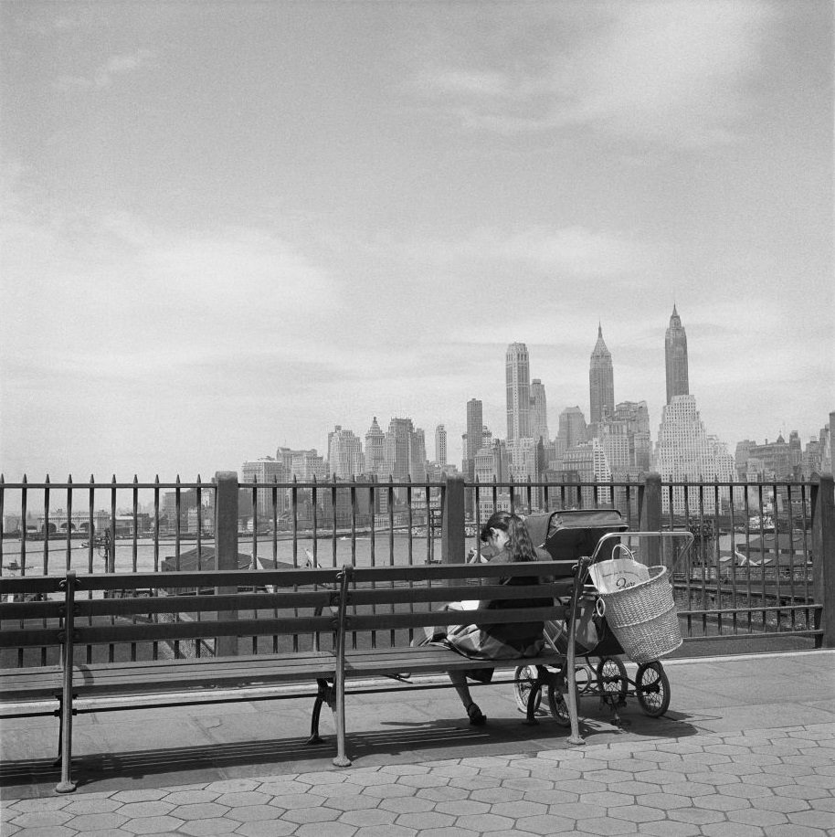 #44 A young woman with a stroller on the Brooklyn Heights Promenade, March 1958.