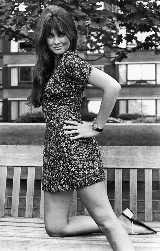 #14 Caroline Munro in a floral mini-dress, 1970.