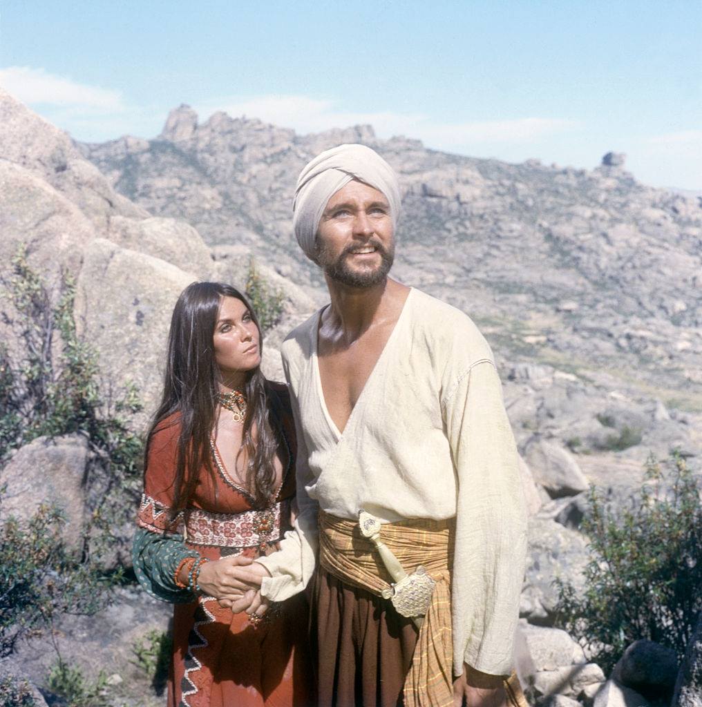 #3 Caroline Munro and American actor John Phillip Law on the set of The Golden Voyage of Sinbad, 1973.