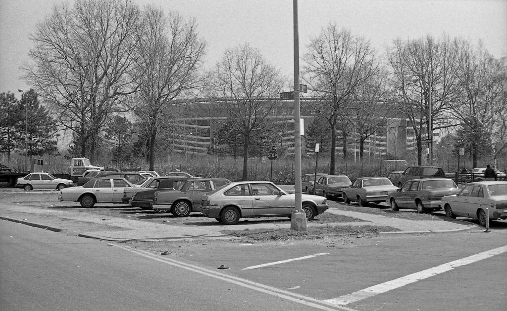 #9 Looking east from the intersection of Pell and 37th avenues, towards Shea Stadium, in the Corona neighborhood. Queens, New York, 1990.