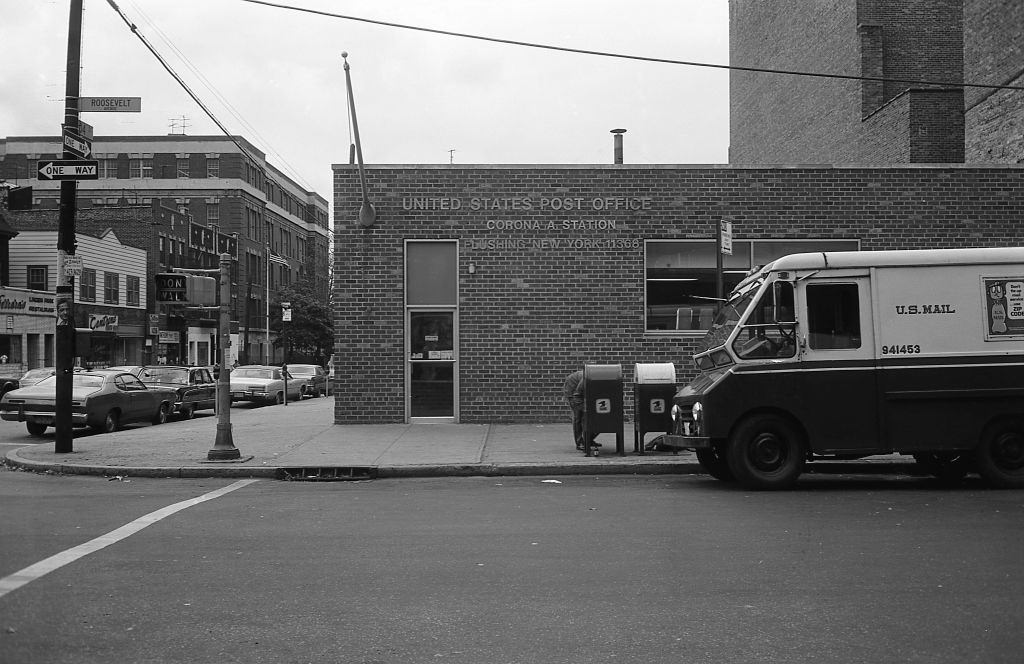 #2 A US Mail truck sits parked in front of the Corona, NY Post Office at the corner of Roosevelt Avenue and 104th Street, 1974.