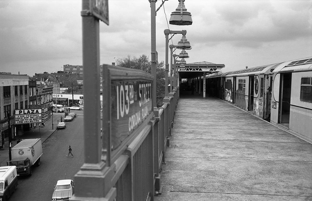 #9 Subway platform at 103rd Street in Corona, Queens, 1974.