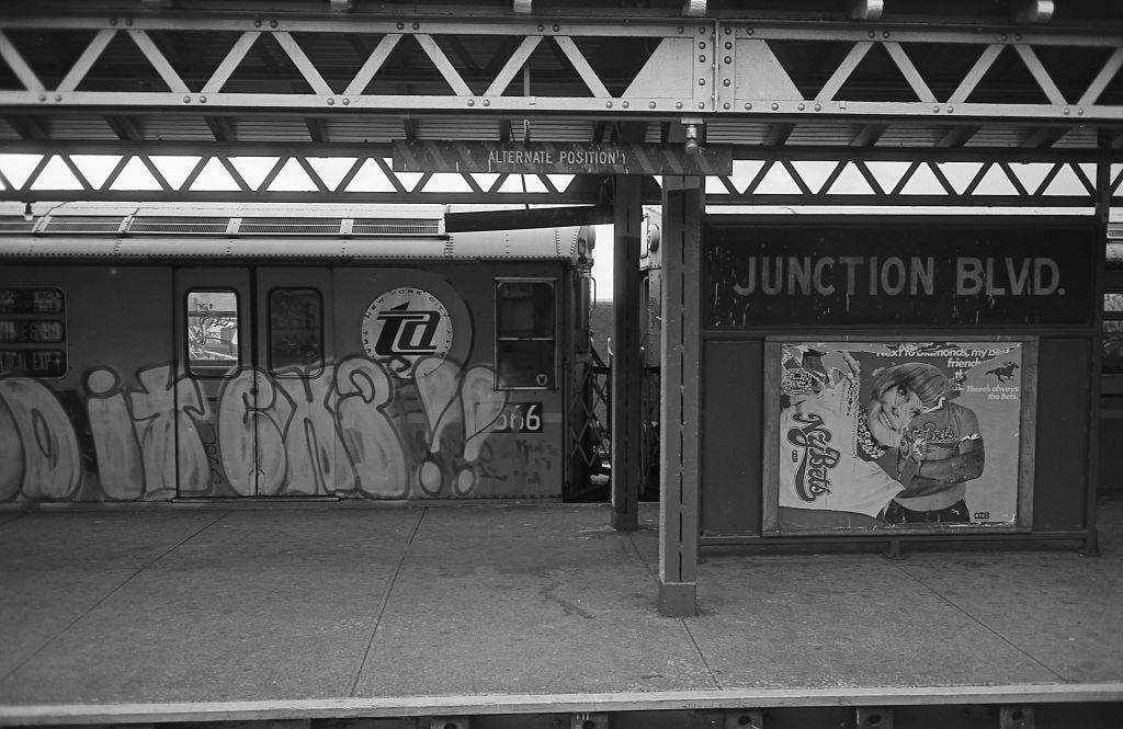 #19 A graffiti covered subway train sits at the Junction Boulevard station in Corona, Queens, 1974.
