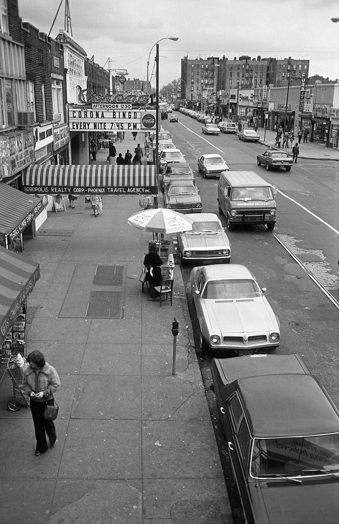 #7 Bingo Parlor, and other small businesses lining Roosevelt Avenue in the heart of Corona, Queens, 1974.