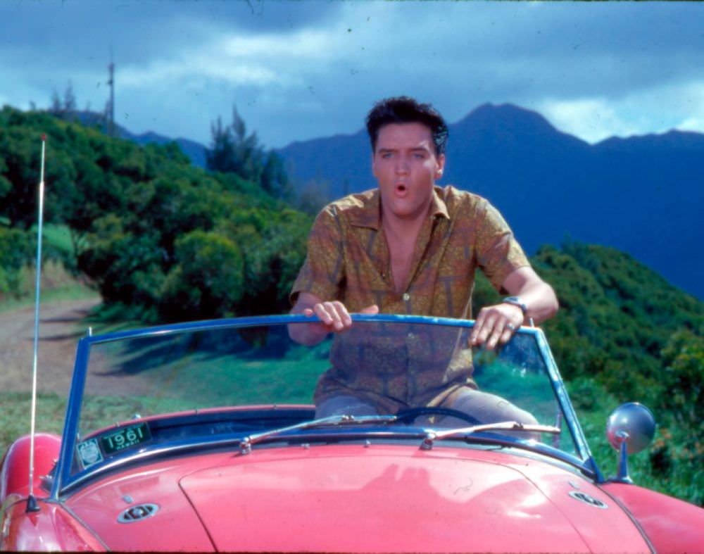#12 Elvis in a 1960 MG MGA in this still from 1961’s Blue Hawaii.