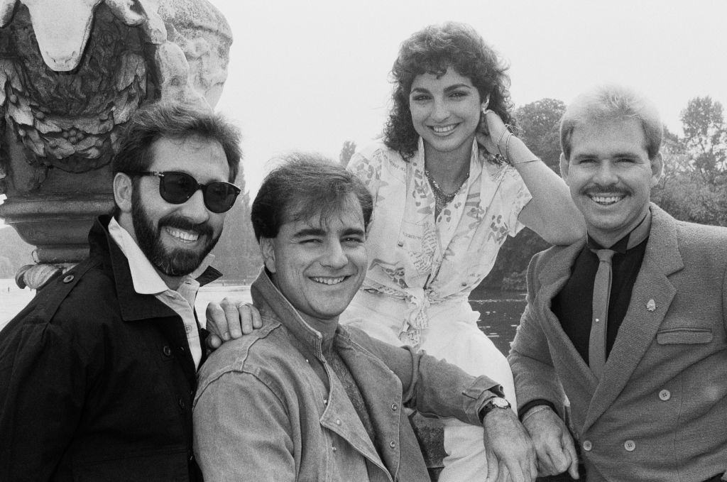 Gloria Estefan with the members of Miami Sound Machine in London, 1984.