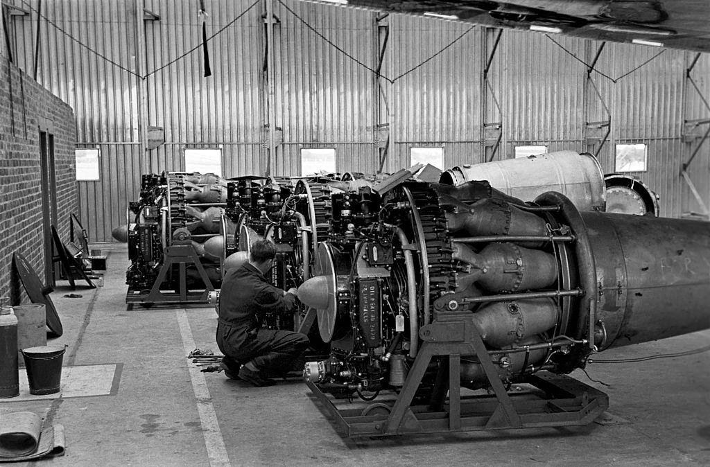 #10 BOAC Mechanics servicing the engines of the Comet airliners at Heathrow airport, July 1952