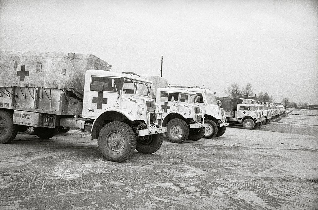 Trucks with aid supplies are waiting for the tripp to Hungary, 1956.
