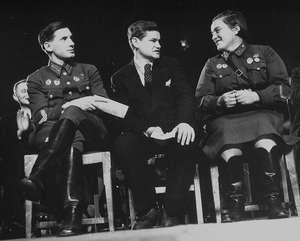 Lyudmila Pavlichenko talking with other Russian officers during celebration of Soviet Union’s 25th anniversary, 1942.