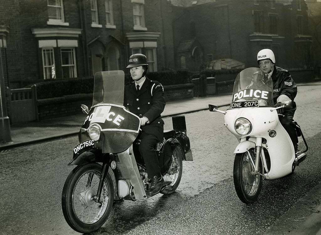 #40 A Manchester City Police cadet under motorcycle riding instruction on the roads of Manchester in 1966